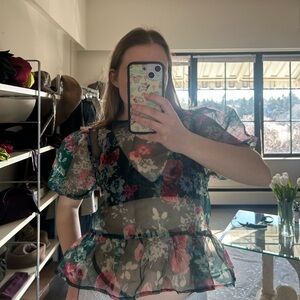 Sheer Puff Sleeve Peplum Top